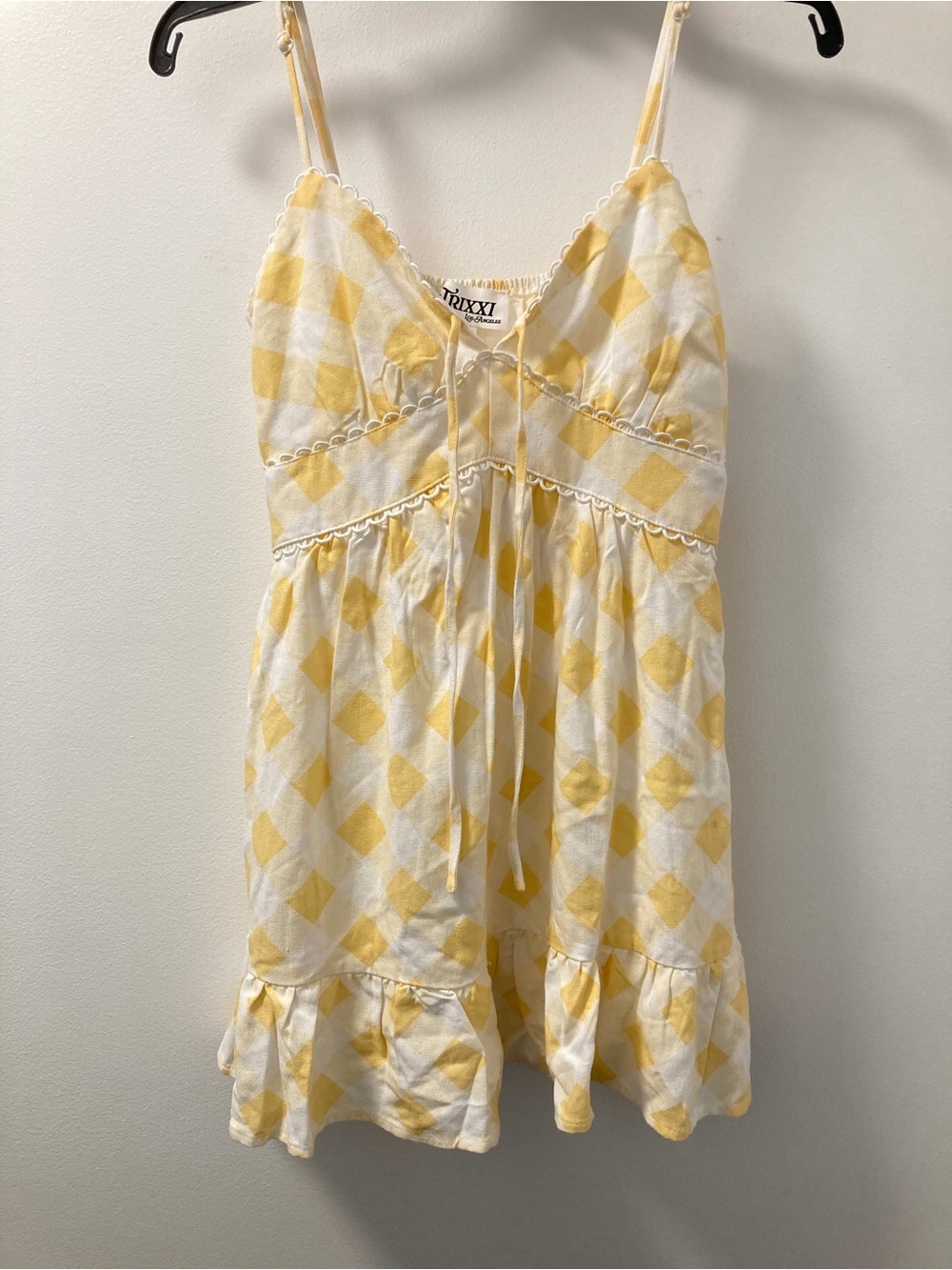 NWT Trixxi Yellow White Gingham Linen Blend Ruffle Mini Dress S